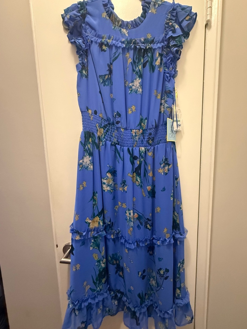 CeCe Blue Floral Ruffle Midi Dress